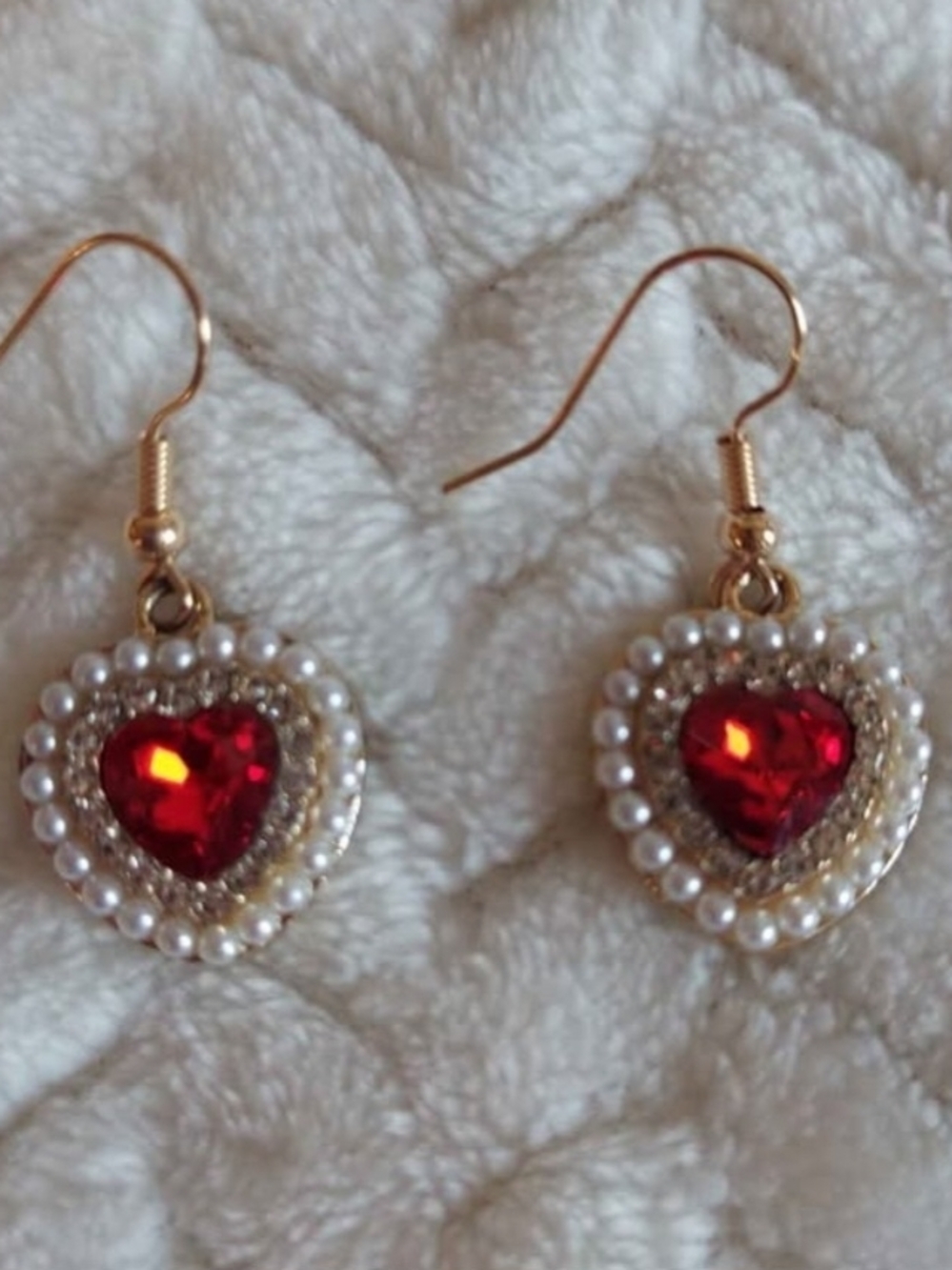 Gold Heart Pearl Drop Earrings with Red Crystal